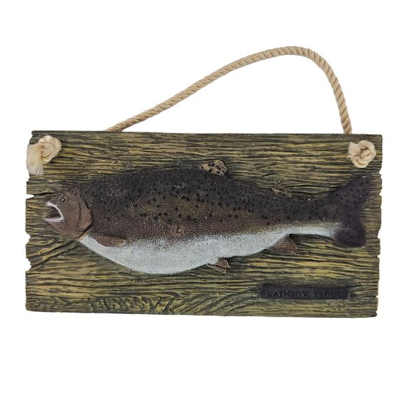 Rainbow Trout Hanging Wall Plaque 3D Fish Design Rustic Wood Look Rope Hanger - Picture 1 of 8